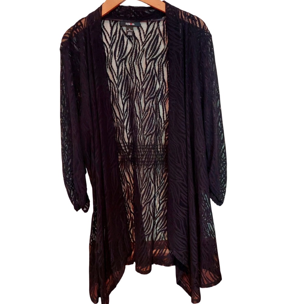 Whimsigoth Style & Co Womens Black Sheer Boho Lace Zebra Burnout Open Front XL
